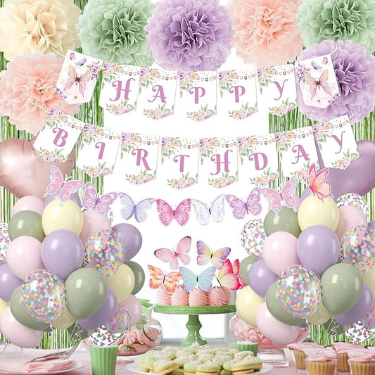 Fairy Birthday Party Decorations Set, Fairy Themed Party Decorations, Green Purple Pink Yellow Balloons Butterfly Banner for Birthday Decorations Spring Tea Party