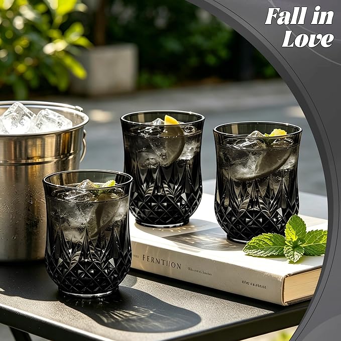 40 Pack Plastic Stemless Wine Glasses,12oz Unbreakable Vintage Elegant Drinking Glass Set,Reusable Fancy Cocktail Cups for Party, Wedding, and Bulk Events (40, 12oz-Black)