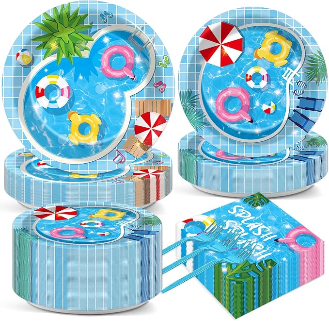 gisgfim 50 Guests Pool Party Supplies Summer Beach Plates and Napkins Forks Summer Pool Tableware Beach Ball Paper Disposable Plates for Splish Splash Birthday Baby Shower Party 200PCS