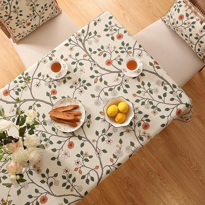 ISAENNE Vintage French Linen Rectangular Tablecloth,102"x63"-Flora A | Designer Elegant Floral Table Cloth Rectangle Table,Beautiful,Decoration,Dining Room,Tea Party,Kitchen,Thanksgiving