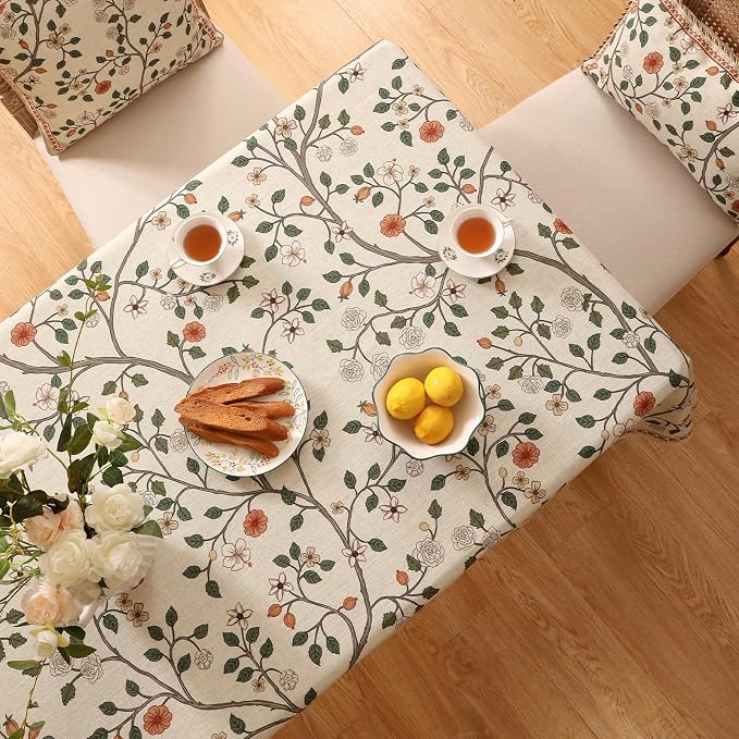 ISAENNE Vintage French Linen Rectangular Tablecloth,87"x55"-Flora A | Designer Elegant Floral Table Cloth Rectangle Table,Beautiful,Decoration,Dining Room,Tea Party,Kitchen,Thanksgiving