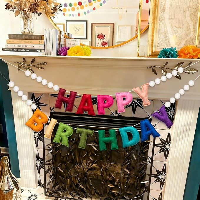 2Pcs Upgraded Pre-Strung Ultra-Soft Wool Felt Happy Birthday Banner Sign, Felt Ball Garland, Rainbow Theme Party Decorations, Reusable Colorful Birthday Garland for Party Decor, Room Decor, Photo Prop