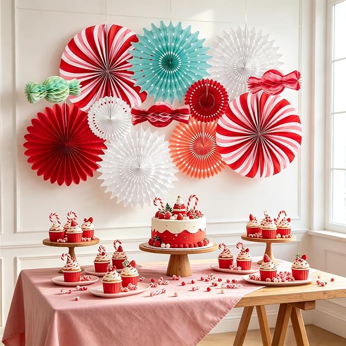 PAPER JAZZ 12pcs Candy Paper Fans Christmas Decoration,Candy Honeycomb Christmas Decorations,White and Red Xmas Decoration Wall/Ceiling for Classroom,Bulletin Board,Winterwonderland,Office Decor.