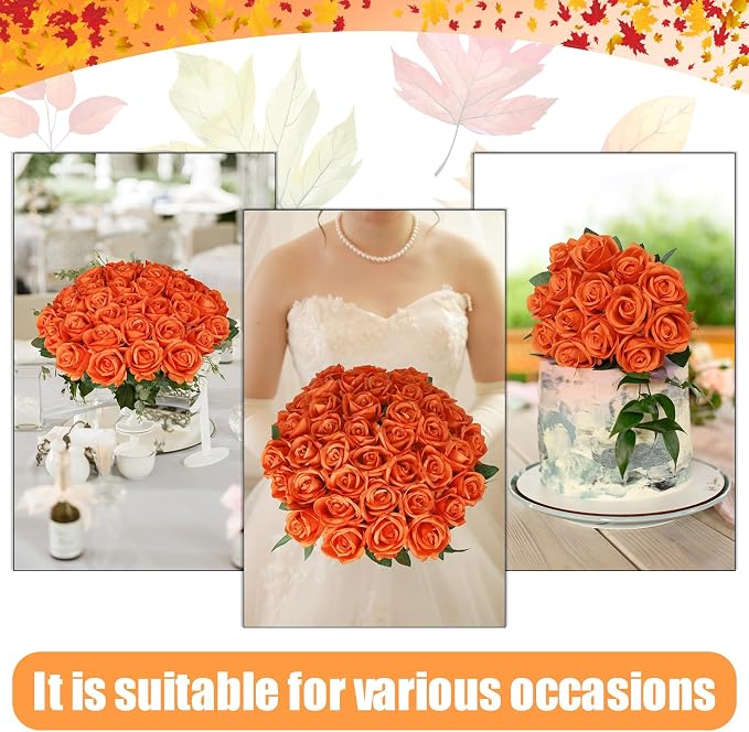 90pcs Roses Artificial Flowers Silk Orange Artificial Flowers Petals Long Stem Roses for Wedding Bouquet Home Party Decor