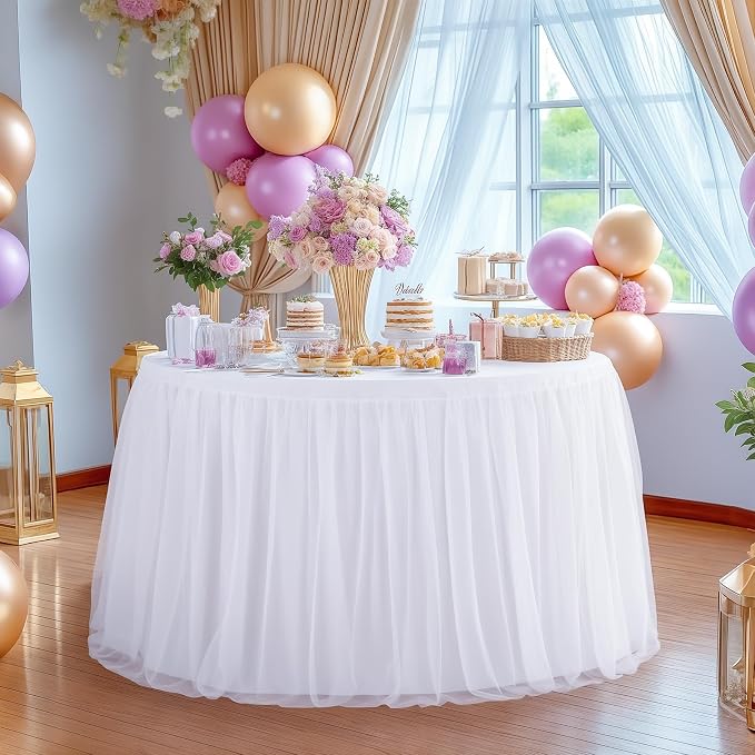 White Round Tablecloth 72 inch Stretchy Elastic Fitted Round Table Cloth Round Cover 132 inch, White Round Tulle Table Cloth with Skirt Wedding Birthday Party Cake Banquet Tables Decoration