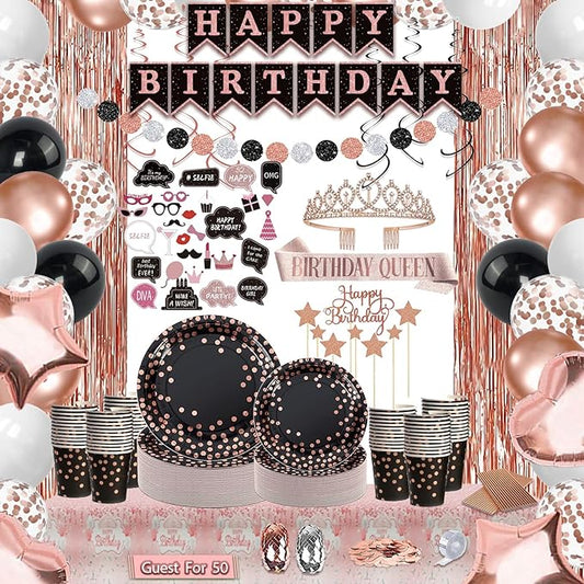 291 Pcs Rose Gold and Black Birthday Decorations, Happy Birthday Decorations for Women Supplies - Banner, Balloon, Tiara, Sash, Photo Props, Tableware with Rose Gold for 50 Guests