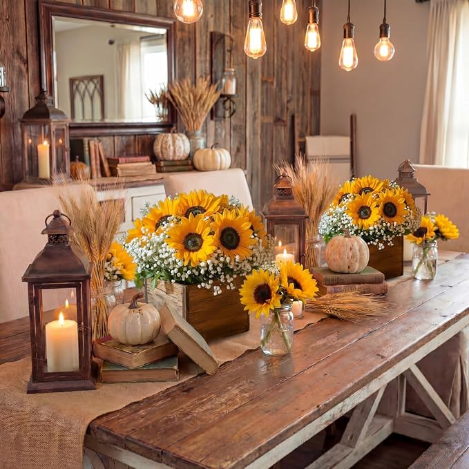 Suncalla 162 Pcs/6 Set Sunflower Centerpieces for Tables with Wood Box Farmhouse Babysbreath Centerpiece Vase Decor for Engagement Party Bridal Shower Centerpieces Wedding Reception Picnic Table Decor