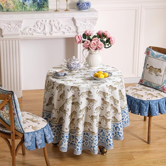 patdrea Vintage Leopard Print Linen Tablecloth,Round,Diameter 55"-from | Fench Elegant Table Cloth for Round Table,Animal Patterned,Dining Room Kitchen Tea Party Decoration,Durable