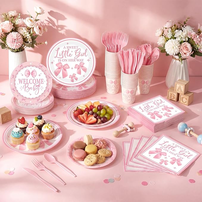 400 Pcs Pink Bows Baby Shower Party Decoration Girl for 50, a Sweet Little Girl Is on Her Way Plates Napkins Cups Cutlery for Welcome Baby Bow Coquette Birthday Party Supply