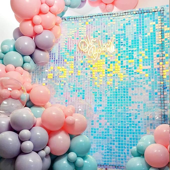 COKAOBE Iridescent Blue Shimmer Wall Backdrop, 24PCS Square Sequin Shimmer Backdrop Panel, Photo Backdrops for Birthday, Anniversary, Wedding, Graduation & Bachelorette Party Decoration