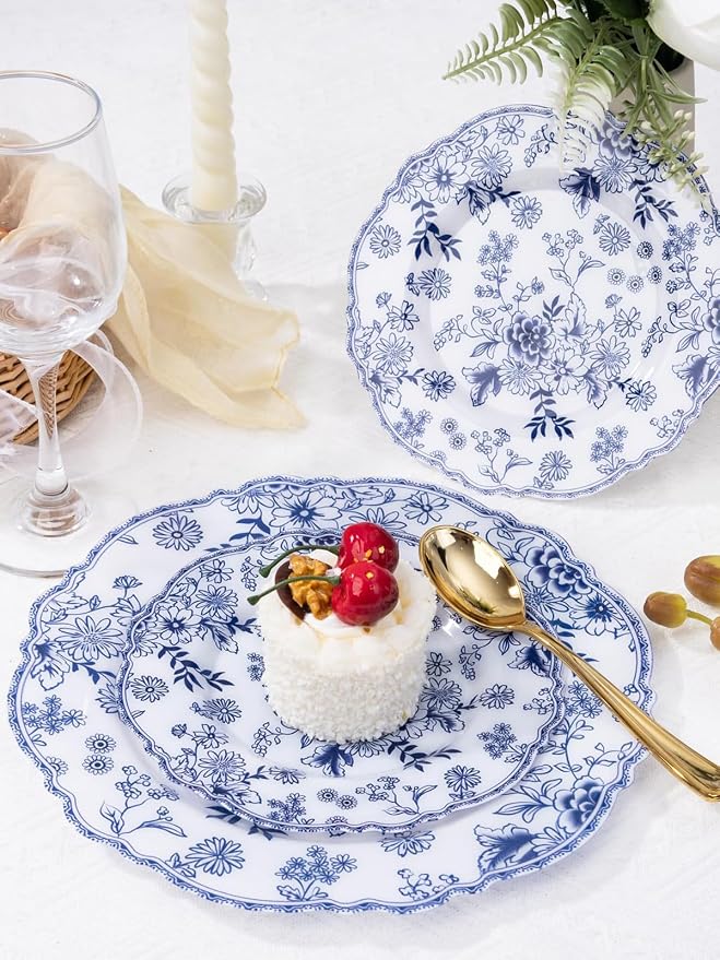 WDF 20PCS Blue and White Plates - Chinoiserie Blue Floral Plates - Baroque Floral Party Decor for Wedding Bridal/Birthdays/Tea Party