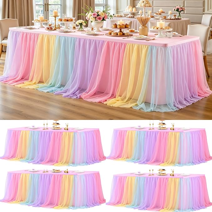 4 Pack Rainbow Tablecloths with Tulle Table Skirt for 8 Foot Rectangle Tables, Party Ruffle Tutu Table Skirt Stretch Fitted Covers for Wedding Reception Birthday Baby Shower Celebration Banquet Event