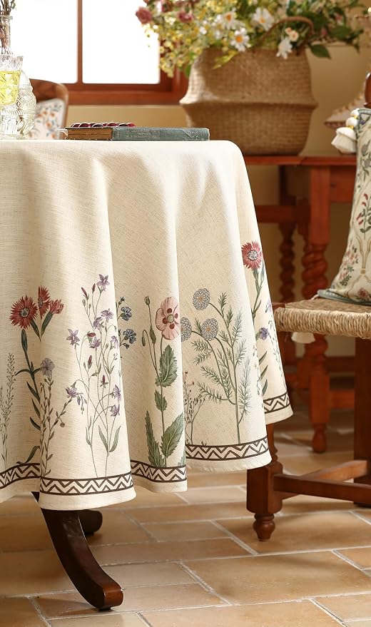 ISAENNE Designer Linen Round Tablecloth,Diameter 55"-Serenity G | Vintage Elegant French Floral Durable Table Cloth,Light Beige,Decor,Heavyweight,Dining Room,Tea Party,Kitchen,Thanksgiving