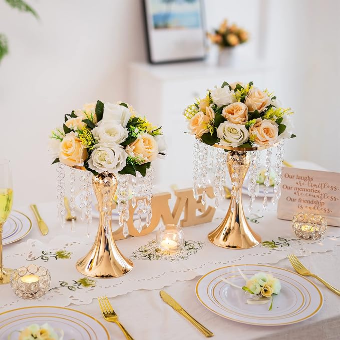 Gold Vase Stand Table: 10.2in Wedding Centerpieces, Set of 2 | High End Crystal Design Vase Stand for Wedding Party Reception Birthday Event Home, Tall Table Center Piece