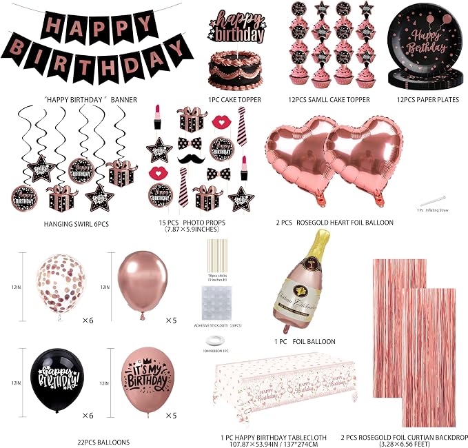 Rose Gold and Black Birthday Decorations - Party Supplies Kit with Tablecloth, Paper Plates, Photo Props, Champagne Foil Balloon, Fringe Curtains, Cake Topper and Banner for Women 18th 21st 30th 40th