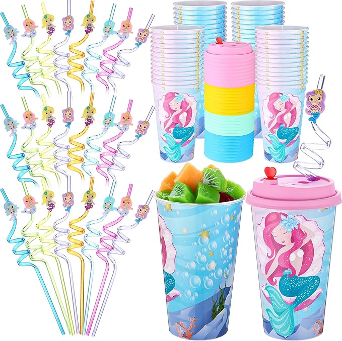 Maxcheck 24 Sets 16 oz Mermaid Party Favors Goodie Cups with Colorful Lids and Straws for Birthday Decorations Reusable Plastic Candy Cups Bulk Plastic Straws for Birthday Party Celebration Gifts