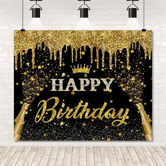 Black Gold Happy Birthday Backdrop Banner 10x8ft Glitter Black and Gold Happy Birthday Photography Background Happy Birthday Banner for Men Women Happy Birthday Party Backdrop