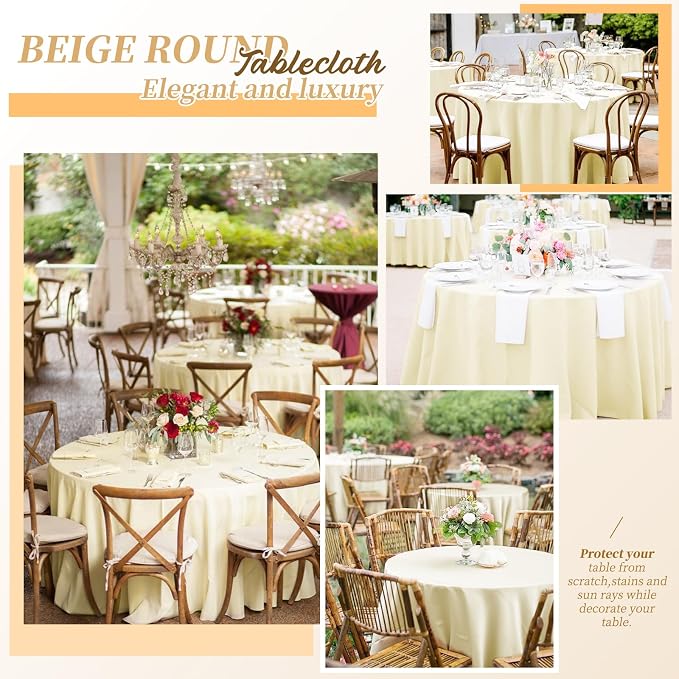 Pesonlook 12 Pack Beige Round Tablecloth-120 Inch Beige Table Cloth Polyester Round Table Cover Washable Fabric Table Cover for Wedding/Party/Banquet/Dining/Buffet Table