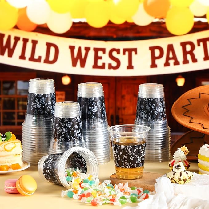 Funnymoom 60 Pack Western Cowboy Cups 12 oz Black Bandana Paisley Print Disposable Clear Plastic Cups for Western Cowboy Birthday Party Decoration Supplies