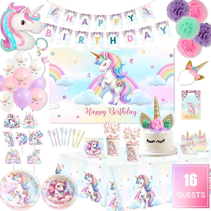 191 Pc Unicorn Birthday Decorations for Girls – Complete Unicorn Party Decorations Supplies Kit with Backdrop, Banner, Plates, Napkins, Balloons, Headband, Tablecloth – Rainbow Party For Kids