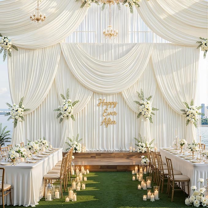 40ftx12ft Wrinkle Free Ivory Backdrop Curtain, 8 Panels 12FT Long Wedding Photo Backdrop Drapes, Silky Polyester Back Drop Cloth for Birthday Photography Background Party Backdrop Draping