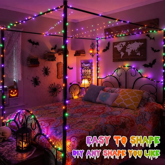 QITONG Purple Orange & Green Fairy Lights Battery Operated, 4 Pack Each 16ft 50 LED Halloween Lights Outdoor Waterproof, Silver Wire Christmas Twinkle Mini String Lights Indoor
