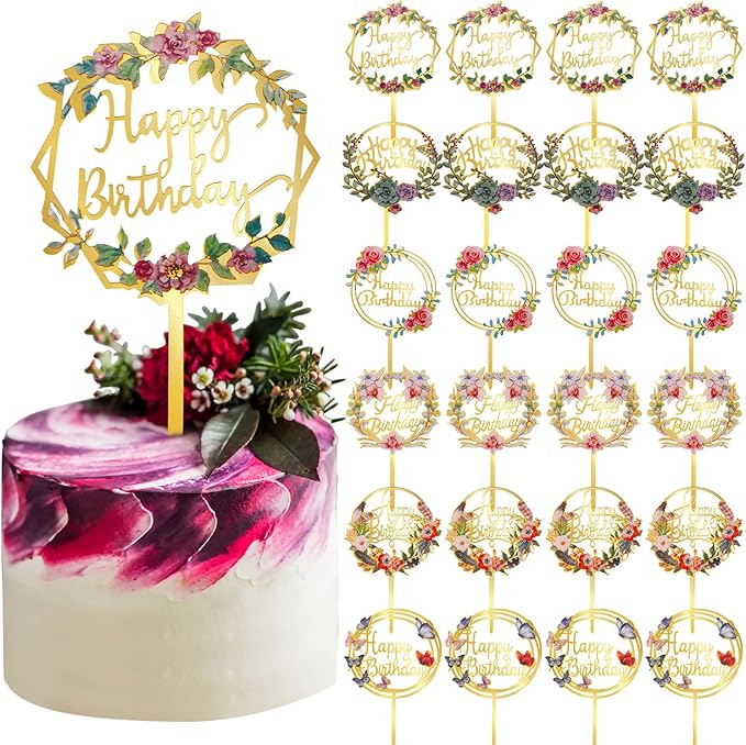Coume 30 Pcs Happy Birthday Cake Toppers Flower Acrylic Birthday Cupcake Toppers Cake Pick for Birthday Party Cake Desserts Pastries Decorations, 6 Styles