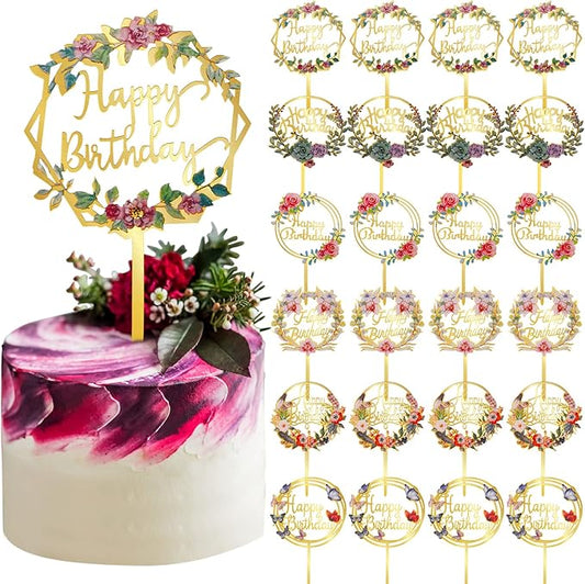 Coume 30 Pcs Happy Birthday Cake Toppers Flower Acrylic Birthday Cupcake Toppers Cake Pick for Birthday Party Cake Desserts Pastries Decorations, 6 Styles