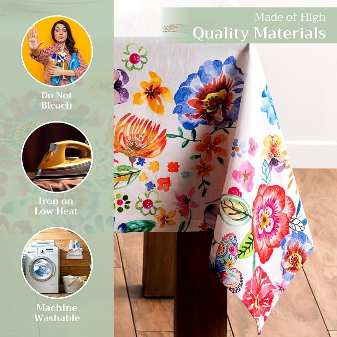Maison d' Hermine Table Cloth Rectangle Table 100% Cotton 70 x 108 Inches Tablecloth Reusable Decorative for Dining Kitchen Room Farmhouse Party Home Hotel Spring Summer - Happy Florals - High Summer