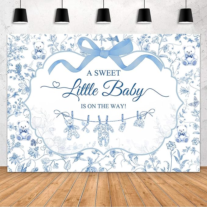 MEHOFOND 8x6ft Toile de Jouy Baby Shower Backdrop for Boy A Sweet Little Baby is on The Way Decorations Banner Blue Bow Baby Clothes Chinoiserie Floral Bear Baby Shower Photography Background