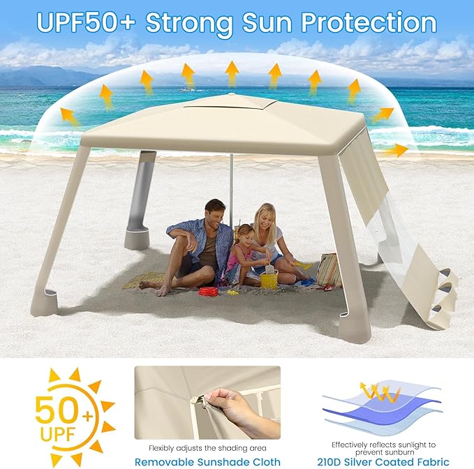 MoKo Beach Cabana, 8'×8' Large Beach Canopy with Side Wall, UPF 50+ Protection Easy Setup Beach Tent Sun Shelter, Adjustable Height Wind Resistant Cabana Beach Tent for Whole Family, Khaki