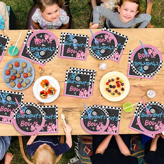 50 Guests Burnouts or Bows Gender Reveal Plates and Napkins Party Supplies Boys or Girls Baby Shower Party Decorations Disposable Tableware Set Gender Reveal Dinnerware Favor for Baby ,200PCS