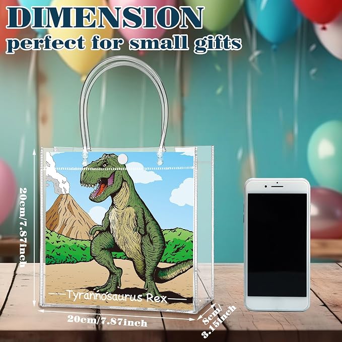Teenyyou 24 Pcs Dinosaur Clear Gift Bags with Handles Cute Dinosaur Party Favor Candy Snack Treat Bags for Birthday Baby Shower Dino Theme Party Supplies
