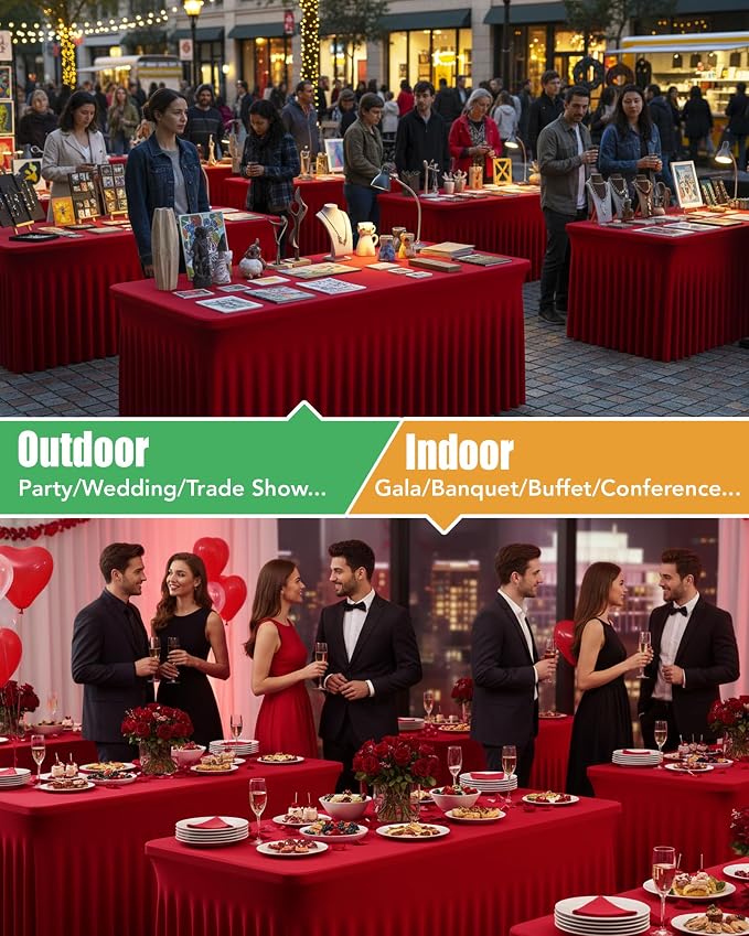 4 Pack Spandex Table Cover Skirts for 6ft Rectangle Tables, Red Stretch Table Cloths with Floor-Length Ruffle, Elastic Fitted Skirted Tablecloth for Elegant Wedding Banquet Party Buffet Decoration