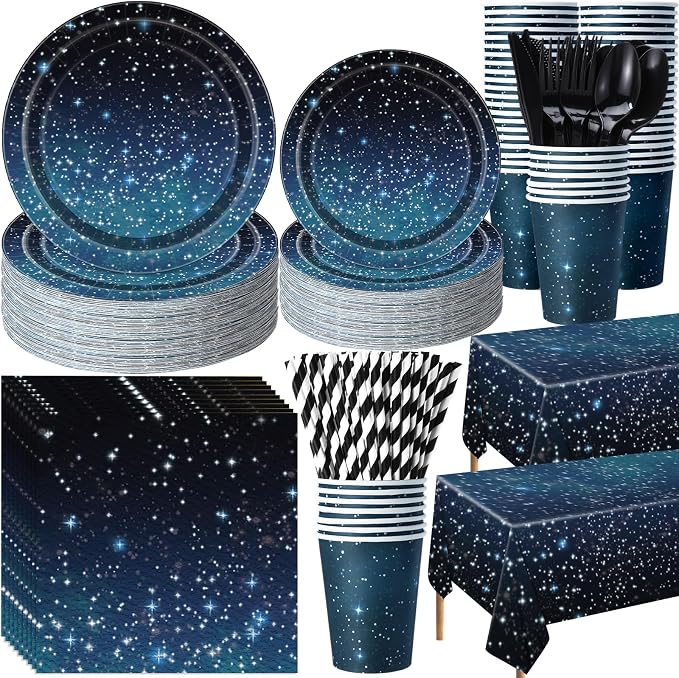 Funnymoom 452 Pcs Galaxy Party Decorations for 50, Starry Night Theme Paper Plates Napkins Cups Tablecloth Cutlery Straws for Outer Space Theme Birthday Bridal Baby Shower Party Decorations Supplies