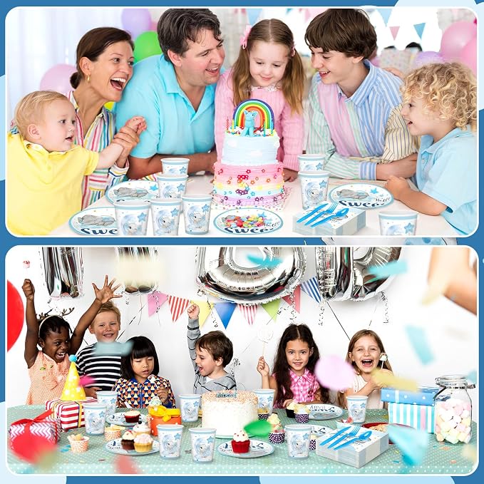 Dandat 350 Pcs Baby Shower Plates Set Baby Shower Party Supplies Serves 50 Tableware Sets Include Plates Napkin Cup Forks Knives Spoons Disposable Dinnerware(Elephant,Blue)