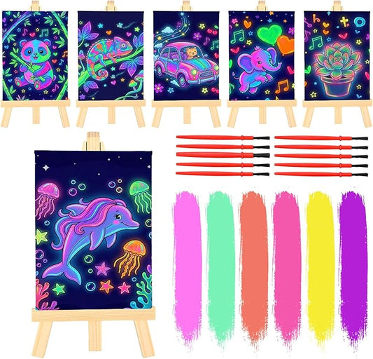 Tosstuki 24 Set Glow in the Dark Party Supplies Glow in Dark Paint Kit 3.9" x 5.9" Canvas for Painting with Wooden Easel Paint Brush Kit for DIY Crafts Rainbow Light up Birthday Luminous Party Favors