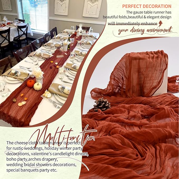 20 Pack Terracotta Cheesecloth Table Runner 10FT Fall Boho Gauze Cheese Cloth Table Runners Romantic Rustic Sheer Table Decorations for Wedding Party Baby Shower Birthday Holiday Home