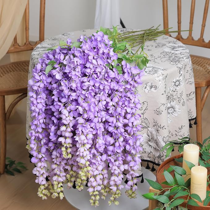 mizii 6Pcs Purple Wisteria Hanging Flowers 48" Silk Wisteria Artificial Flowers Garland Vines Fake Hanging Flowers Decoration for Wedding Flower Wall Backdrop Centerpieces Party Room Decor (Purple)