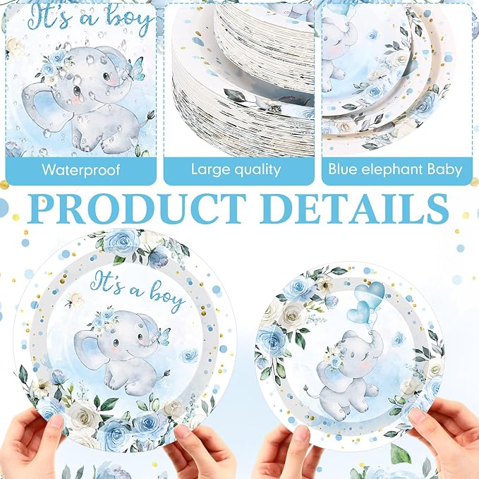 Funnymoom 200 Pcs Elephant Baby Shower Party Supplies Kit It's a Boy Disposable Paper Dinner Plates Dessert Plates Baby Gender Reveal Napkins for Blue Floral Elephant Baby Shower Party 50 Guests