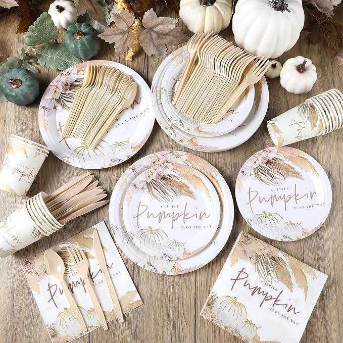 168 Pcs a Sweet Little Pumpkin Is on The Way Baby Shower Decorations Fall Baby Shower Decorations Boho Pink Pumpkin Autumn Party Favors Pampas Grass Floral Disposable Tableware Set Serve 24