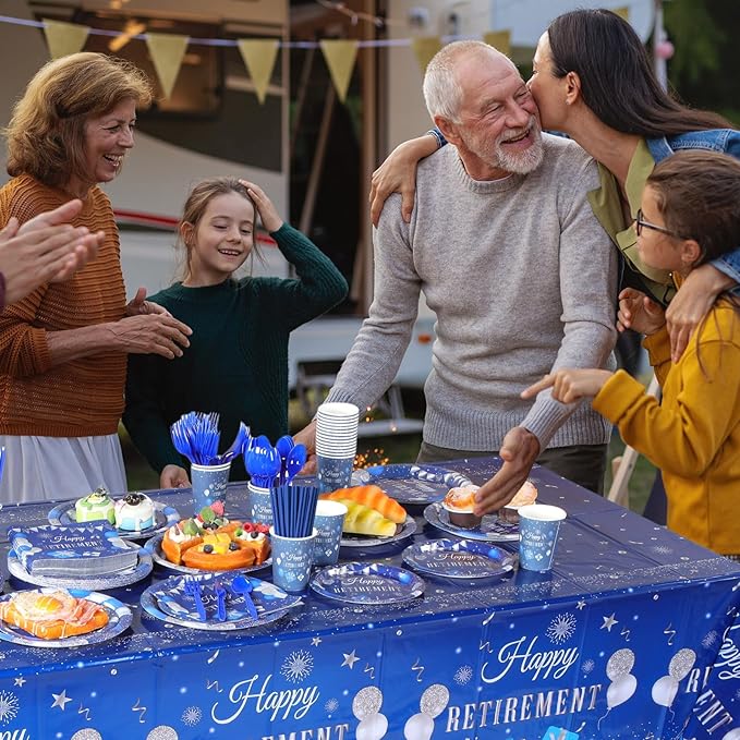 Funnymoom 452 Pcs Retirement Party Decorations Supplies Set Include Blue Silver Retirement Paper Plates Napkins Cups Tablecloth Cutlery Straws for Men Women Say Goodbye Party