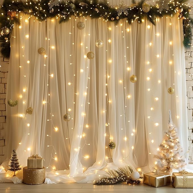 Fomcet Tulle Backdrop Curtains Champagne 20FT X 10FT Tulle Curtains with Lights String Sheer Backdrop Curtain for Parties Wedding Baby Shower Photo Shoot Decorations (4 Panels 5x10FT)
