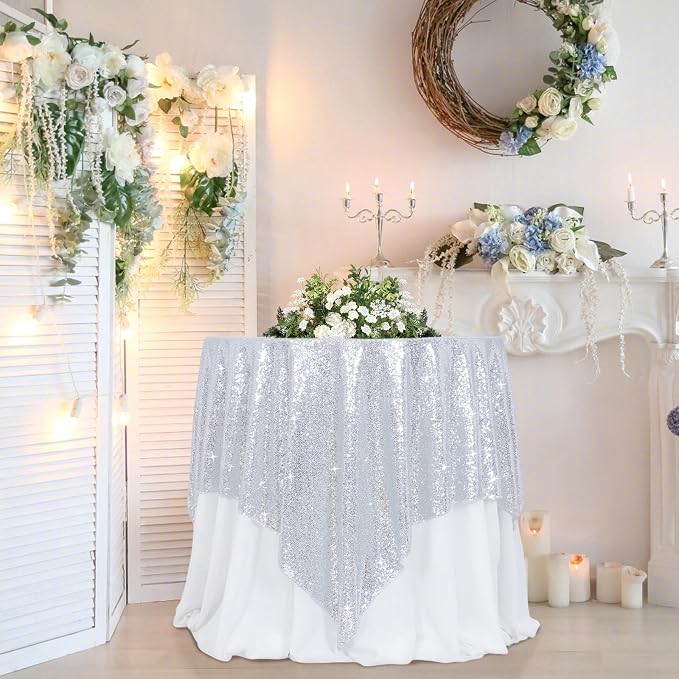 Poise3EHome Silver Sequin Tablecloth 90×90 Inch Square Sequin Fabric Table Cover Overlay for Christmas Baby Shower Birthday Party Wedding Holiday Cake Table Decoration