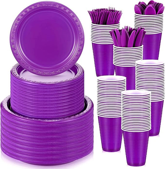 Uiifan Purple Plastic Dinnerware Set - 300 Pcs Include 50 Plates, 50 Appetizer Plates, 50 Cups, 50 Knives, Forks and Spoons