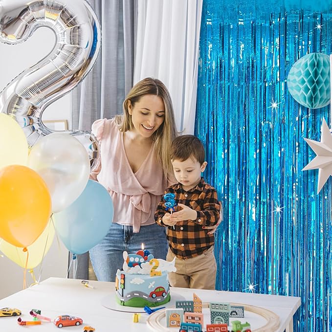 Tinsel Curtain Party Backdrop Blue Birthday Party Decorations 2 Packs Glitter Foil Fringe Curtain Party Decor Streamers Photo Booth for Birthday Christmas Wedding Halloween Graduation Decorations