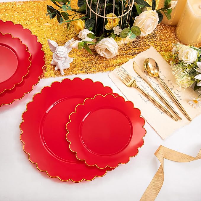 LIYH 60 Pcs Red Plastic Plates Disposable with Gold Edge Scalloped Red Gold Disposable Plates Includes 30 Dessert & 30 Dinner Plate Dishes Tableware for Party