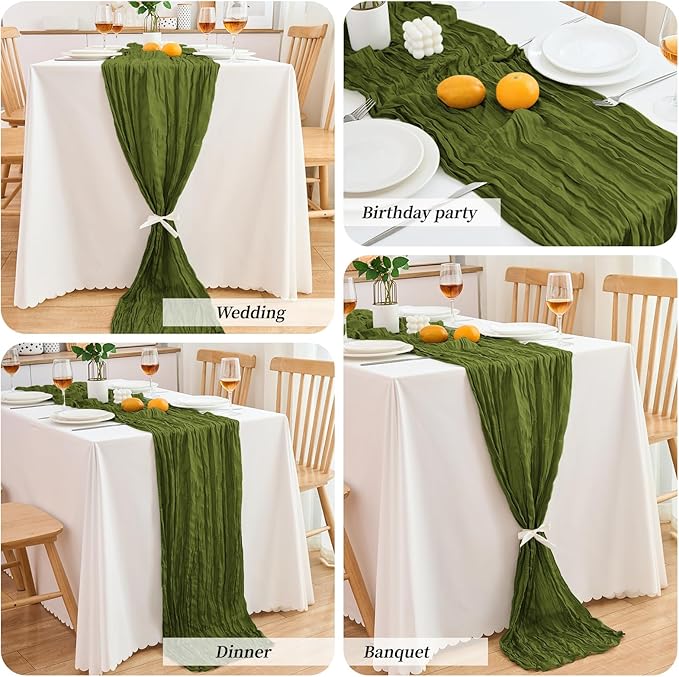 18 Pack Olive Green Cheesecloth Table Runner 21.5x120 Inch,Semi Sheer Boho Gauze Cheese Cloth Fabric Table Runners 10 FT Long for Wedding Party Baby Shower Birthday Home Decor