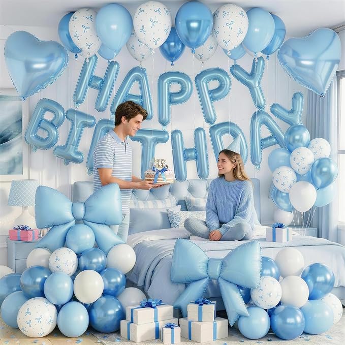 Blue Bow Birthday Decorations Pastel Baby Light Blue Metallic White Bows Print Party Balloon Happy Birthday Banner 38 In Coquette Foil Balloons Heart Balloon for Men Boys Bday Party Supplies