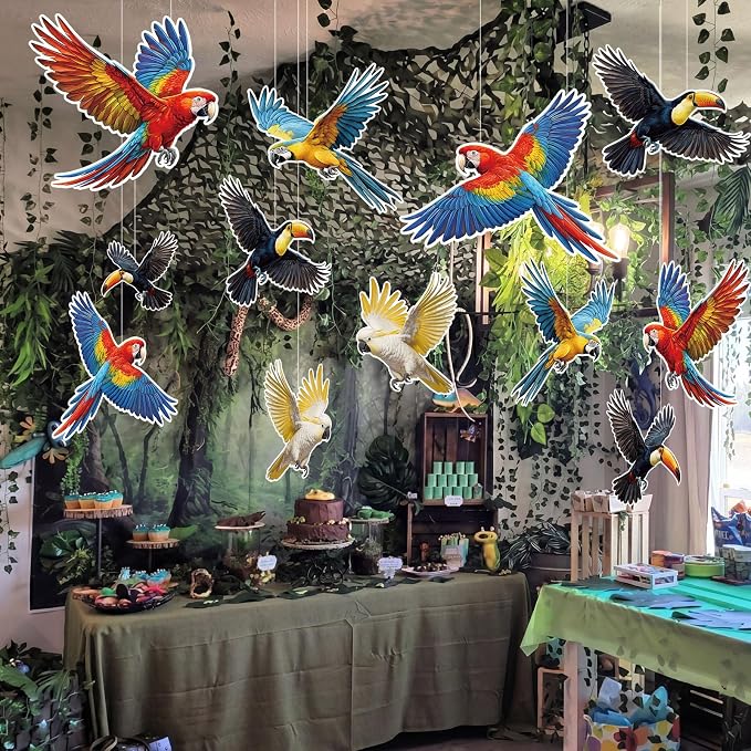 18 Pcs Large Tropical Bird Party Decorations 3D Realistic Paper Hanging Bird Decoration Paper Parrot Toucan Birthday Party Supplies for Wedding Jungle Baby Shower Room Ceiling Decor